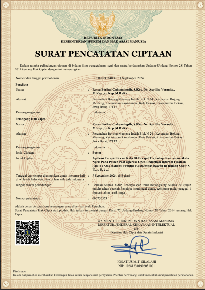 HAKI - Aplikasi Terapi Elevasi Kaki 20 Derajat Terhadap Penurunan Skala Nyeri Pada Pasien Post Operasi Open Reduction Internal Fixation (ORIF) Atas Indikasi Fraktur Ekstremitas Bawah Di Rumah Sakit X Kota Bekasi