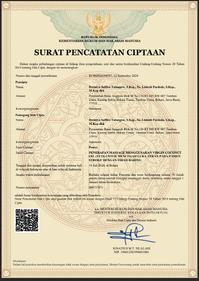 HAKI - Penerapan Massage Menggunakan Virgin Coconut Oil (VCO) Untuk Mencegah Luka Tekan Pada Pasien Stroke Dengan Tirah Baring