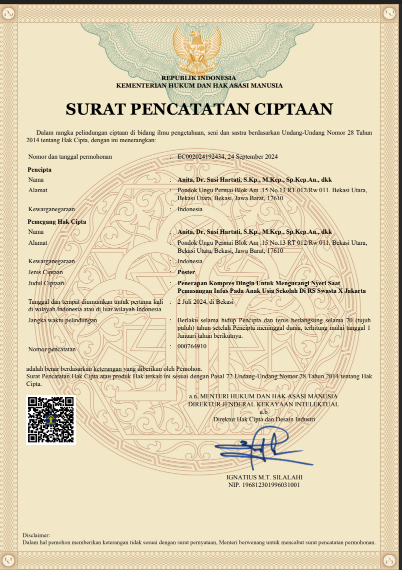 HAKI - Penerapan Kompres Dingin Untuk Mengurangi Nyeri Saat Pemasangan Infus Pada Anak Usia Sekolah Di RS Swasta X Jakarta