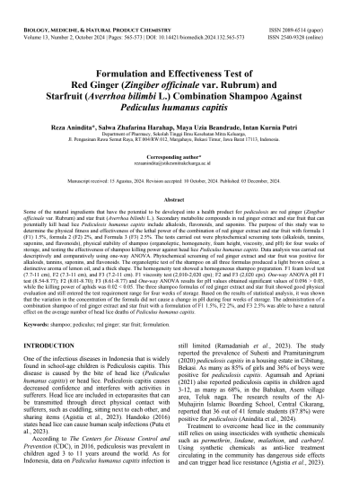 Formulation and Effectiveness Test of Red Ginger (Zingiber officinale var. Rubrum) and Starfruit (Averrhoa bilimbi L.) Combination Shampoo Against Pediculus humanus capitis