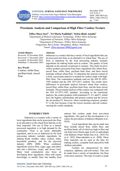 Proximate Analysis and Comparison of High Fiber Cookies Texture