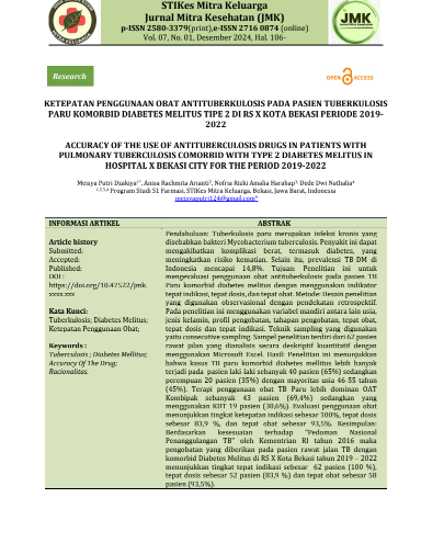 Ketepatan penggunaan obat antituberkulosis pada pasien tuberkulosis Paru komorbid diabetes melitus tipe 2 di RS x kota bekasi periode 2019 - 2022