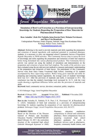 Simulation of Betel Leaf Extraction as a Provision of Entrepreneurship Knowledge for Students Regarding the Preparation of Raw Materials for Pharmaceutical Products